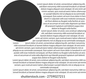 Minimalist text wrap layout with circular image placeholder, modern editorial typography design, professional document template with lorem ipsum text isolated on Transparent Background
