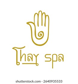 Minimalist Thai spa logo with golden healing hand and spiral symbol. Ideal for wellness branding, massage salons, packaging, gift cards, and decor.