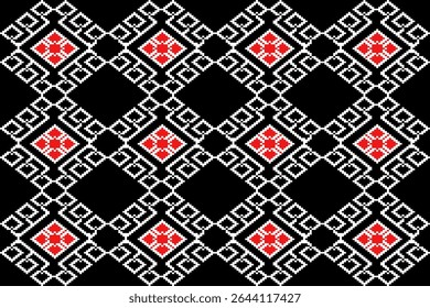 A minimalist Thai traditional textile pattern in pixel art style inspired by Phrae Wa weaving. The design features red and white pixelated diamond motifs arranged in a geometric lattice on a black bac