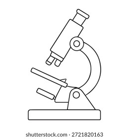 Minimalist thin line black outline icon of a laboratory microscope in side view, representing science, research, biology, and medical analysis.
