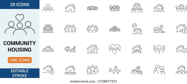 Minimalist thin line community housing icon set with editable stroke. Includes homes, families, neighborhoods, support, care, security and living symbols on white background.