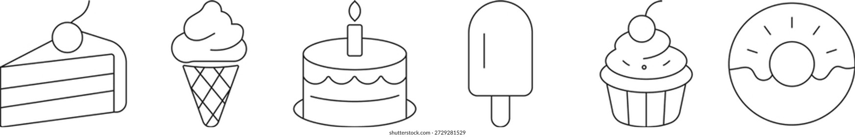 Conjunto minimalista de línea delgada de postre y panadería con rebanada de pastel, helado, pastel de cumpleaños, paleta, cupcake y donut. Estilo de contorno limpio, trazo editable, Vector de fondo blanco.