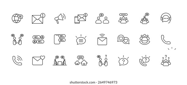Minimalist thin line icon set representing communication, and technology concepts. Suitable for apps, presentations, infographics, and websites. Vector outline style.