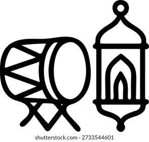 Icono de Vector minimalista de línea delgada de tambor y linterna tradicionales para la celebración de ramadán kareem