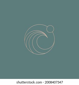 Minimalist thin lined sun and wave logo or icon design template in golden color on green background. Vector illustration