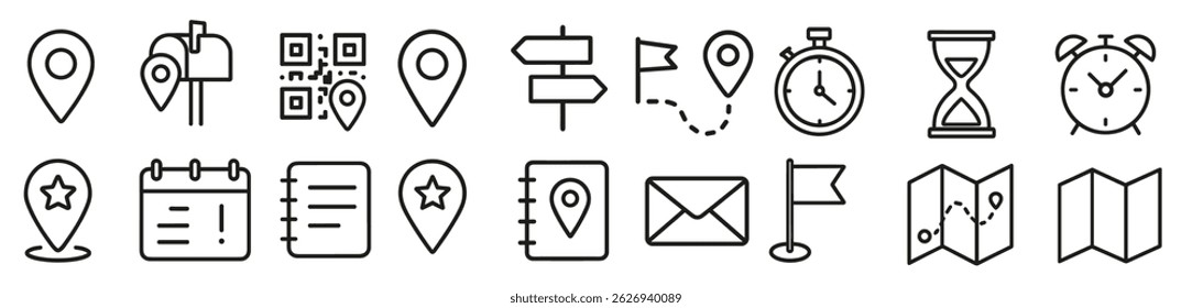 Minimalist thin-line icon set featuring location pins, QR code, mailbox marker, signpost, routing flag, stopwatch, hourglass, alarm clock, star pin, calendar, notebook, envelope, and folded maps.
