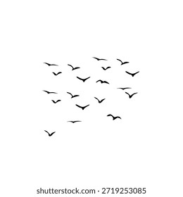Minimalist thin-line silhouettes of a scattered bird flock. Elegant vector design suitable for subtle background patterns, peaceful nature themes, and modern architectural visualizations.