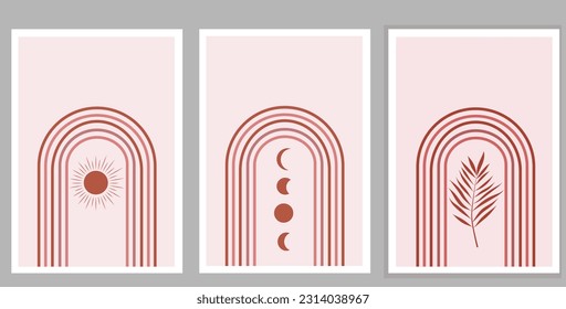Minimalist three abstract boho wall art prints in terracotta and brown  with rainbow, sun, moon phases and leaves . SSTKabstract For home décor, art print and posters 