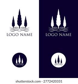Minimalist Three Pine Trees and Water Waves Logo for Outdoor Branding