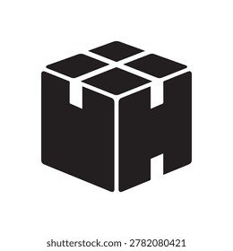 A minimalist, three-dimensional black cube featuring a distinctive cutout pattern resembling an abstract cross or window frame. The cube is rendered with subtle shading to give it depth, set against a.