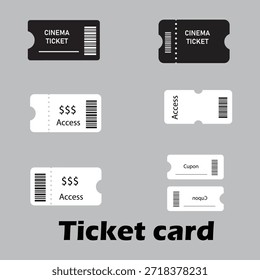 Minimalistisches Ticket- und Coupon-Vektor-Template-Set mit schwarz-weißen Designs für Kino, Event-Zugang und Retail-Rabatt-Gutscheine mit Barcodes.