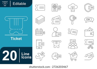 Minimalistisches Symbol für die Ticketzeile mit bearbeitbarem Gliederungsstil. Umfasst Ereignis-, Reise-, Buchungs-, Validierungs- und Zugriffssymbole. Reinigen Sie Vektorsymbole für Apps, Websites und das UI-Design.
