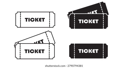 Minimalist ticket vector icon set with black and white line design and solid silhouettes. This collection features single and multiple ticket graphic elements suitable for event, cinema related design needs