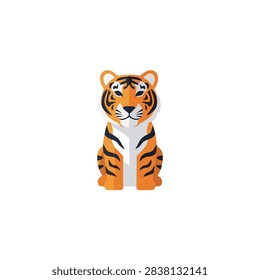 Minimalist tiger cub vector illustration, cute orange wild animal sitting on white background