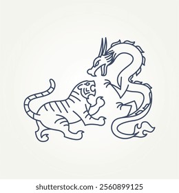 minimalist tiger and dragon fight line art icon logo vector illustration design