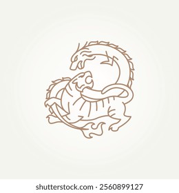 minimalist tiger and dragon fight line art icon logo vector illustration design. simple modern traditional japanese yin yang symbol