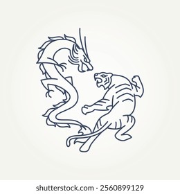 minimalist tiger and dragon fight line art icon logo vector illustration design. simple modern traditional japanese symbol