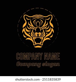 Minimalist Tiger Head, Tiger Head Logo Vector Illustration, Yellow Fill Color Tiger Logo Design On A Dark Background