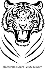 Minimalista Tiger Roar linha vetorial ilustração de arte. Símbolo de rosto de tigre preto e branco com contornos consistentes grossos e alto contraste. Isolado em fundo branco.