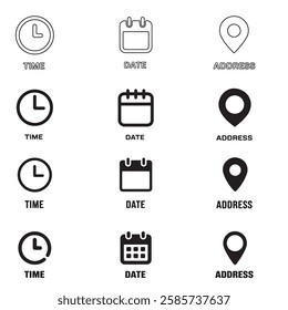 Minimalist Time, Date, and Address Icons Set – Black and Outline Styles