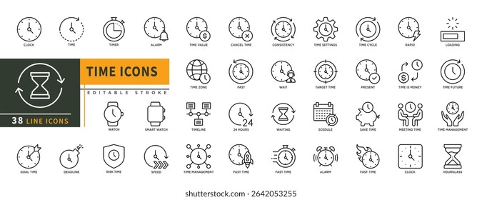 Minimalist Time line icons set with editable stroke, featuring clock, time, timer, alarm, value, consistency, fast, waiting, time line, target time, rapid, save,speed. thin linear illustration.