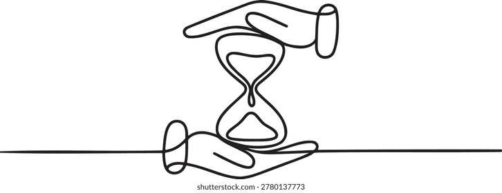 Minimalist time management concept featuring hands protecting an hourglass in continuous line art. One line drawing of sand clock on transparent background. Silhouette of hands holding glass timer. Symbolic illustration of deadline and patience using single path stroke on invisible backdrop. - Powered by Shutterstock - Get 15% off with code: PIKWIZARD15
