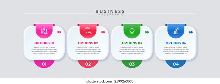 Minimalist timeline infographic template with four steps. Clean and simple design for business presentations, workflow charts, and strategic planning. Vector illustration.