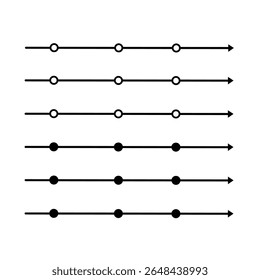 Minimalist timeline or progress indicator icons with horizontal arrows and circle checkpoints, ideal for UI, infographics, and process visualization