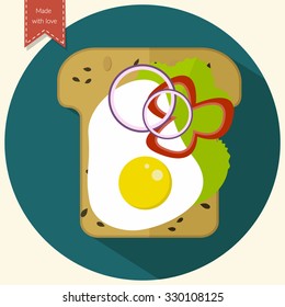 Minimalist toast icon. Sandwich with eggs, peppers, onions, lettuce. Flat design. Vector illustration