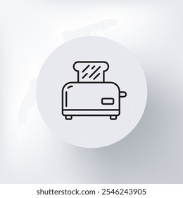 Minimalist toaster icon with bread in a circle on a light gray background.