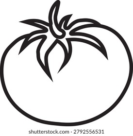 Minimalist tomato outline vector illustration featuring a clean black line drawing of a fresh tomato. Ideal for food-related designs, logos, packaging, recipe books, agriculture projects, organic product branding, icons, stickers, educational materials, and graphic design elements. Isolated on a white background with a simple and modern outline style.