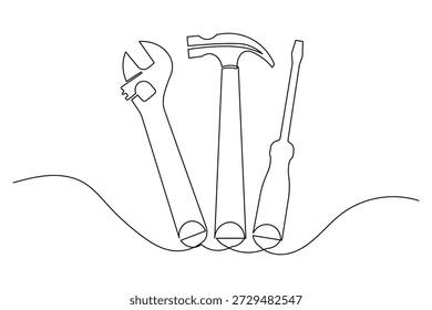 Herramientas minimalistas línea continua dibujo martillo llave destornillador contorno