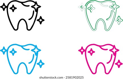 Minimalist tooth icons, colorful outlines, sparkle detail, dental logo design, clean geometric shapes, simplified tooth illustrations, vibrant color palette, white black green blue pink, vector graphi