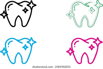 Minimalist tooth icons, colorful outlines, sparkle detail, dental logo design, clean geometric shapes, simplified tooth illustrations, vibrant color palette, white black green blue pink, vector graphi