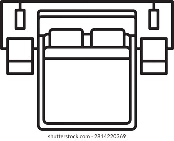 A minimalist top down floor plan illustration featuring a double bed flanked by two nightstands and wall lamps, suitable for interior design projects, architectural planning, and home decor concepts.