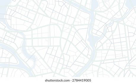 Minimalist top view city map with rivers streets and districts in soft blue and green tones