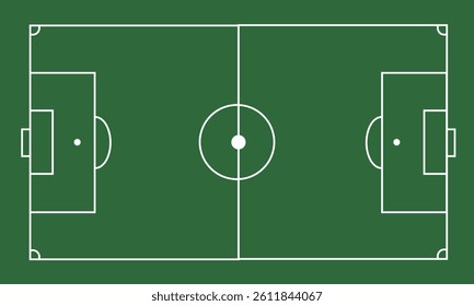 Minimalist top view of a green football field layout with clearly marked white lines and goals, ideal for sports illustrations, strategies, or soccer-themed projects.