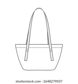 Minimalist Tote Bag Technical Fashion Illustration. Basic Long Handle Canvas Tote Vector Template. Front View. Reusable Shopping Bag CAD Mockup.