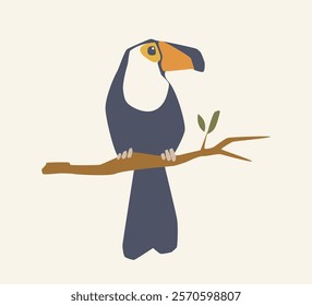 Minimalist toucan design perched on a branch with leaves, in flat style on a light beige background. Concept of wildlife, simplicity, and creative art. Vector illustration