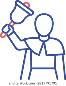Minimalist town crier icon ringing bell, blue and red line art vector illustration of historical announcer.