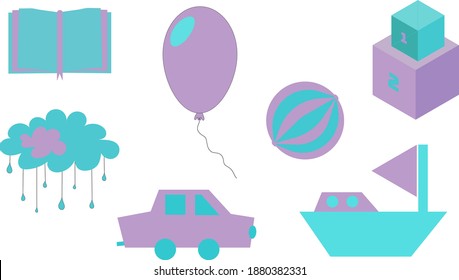 Minimalist toys for kids in blue and pink color. 