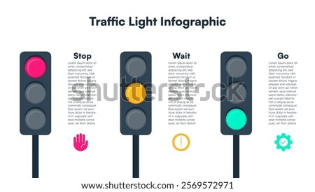 Minimalist Traffic Light Infographic with Stop, Start, and Go Instructions as Icons Vector Illustration