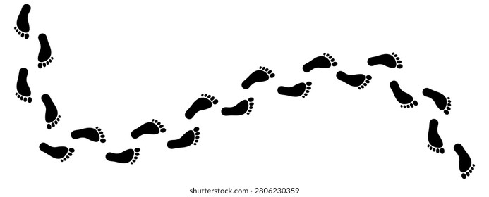 Minimalist trail of human footprints. Silhouettes of bare feet form a winding path of footsteps