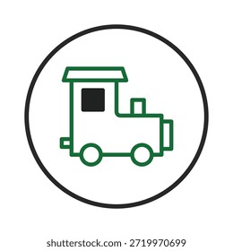 Um ícone de trem minimalista exibe um contorno verde esmeralda, emoldurado dentro de um anel escuro. Representando transporte e viagens, o design captura a simplicidade e um toque de nostalgia da infância