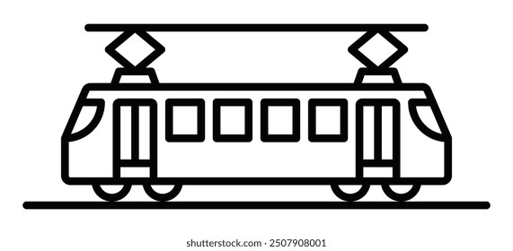 Minimalist tram icon in side view, great for urban transport and railway themes. Vector illustration. Editable stroke.