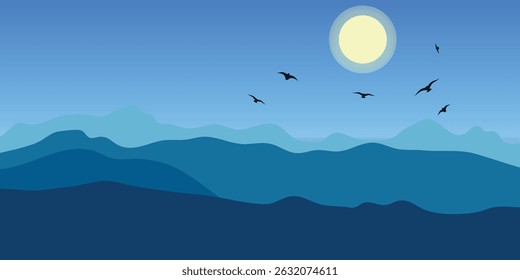 A minimalist tranquil landscape with a full moon in the sky, several flying birds and silhouettes of mountains on the horizon.