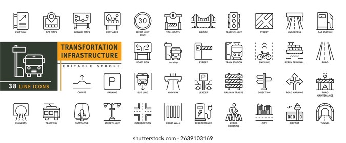 Minimalist Transfortation infrastructure line icons set with editable stroke, featuring exit sign, maps, subway maps, rest area, speed limits, bridge, expert, bus stop, parking, road. illustration.	

