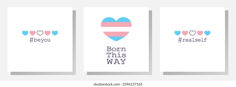 Minimalist transgender pride LGBT cards with hearts, hashtags, and motivational text on white background.