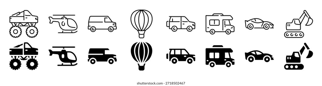 Conjunto de iconos de transporte minimalista con vehículos terrestres y aéreos