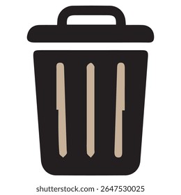Ilustração minimalista do ícone da lixeira em preto com linhas verticais beges, isolada no fundo branco